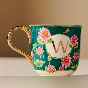 Anthropologie Lou Rota Monogram Mug “W” Green Floral Lotus Design w/ Gold Handle